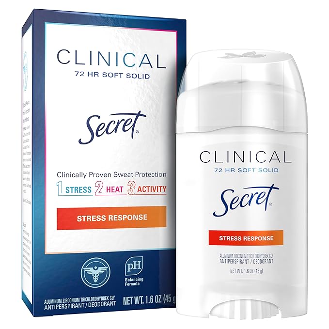 Secret Clinical Strength Antiperspirant Deodorant for Women, Stress Response, 3X Stress Protection, 72hr Sweat & Odor Protection, PH Balancing Minerals, Soft Solid, 1.6 oz