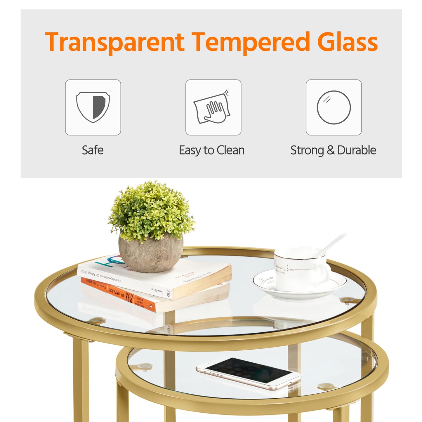 Yaheetech Round Nesting Coffee Tables Set of 2, Glass Top Side Table End Tables with Metal Frame for Living Room Bedroom Office, Gold