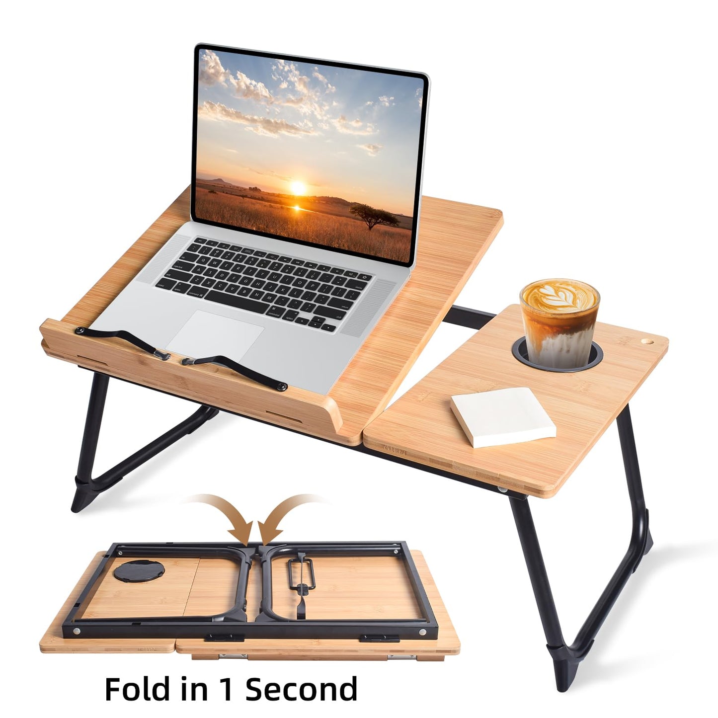 CHURRUP Laptop Lap Desk - Foldable Bamboo Lap Desk with Cup Holder & Breakfast Tray for Bed,Couch, Floor - Working, Eating & More