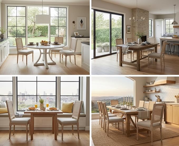 CIMOTA Farmhouse Dining Chairs Set of 4, French Rattan Dining Room Chairs with Rectangle Back/Distressed Wood Upholstered Vintage Side Chairs for Kitchen/Restaurant, Beige/4PCS