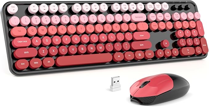 MOFII Wireless Keyboard and Mouse Combo, 2.4GHz Retro Typewriter Keyboard Full Size, Cute Wireless Mice, USB Dongle Plug and Play, for Laptop, PC, Desktop, Windows (Black Red Gradient Color)