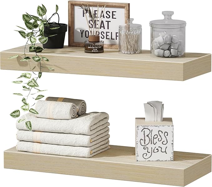 QEEIG Bathroom Floating Shelves for Wall - 15.7" Wall Mounted Shelf Over Toilet Farmhouse Home Decor Display Bookshelf Small 15.7 x 6.7 inch Set of 2, Natural Light Brown (008-40N)