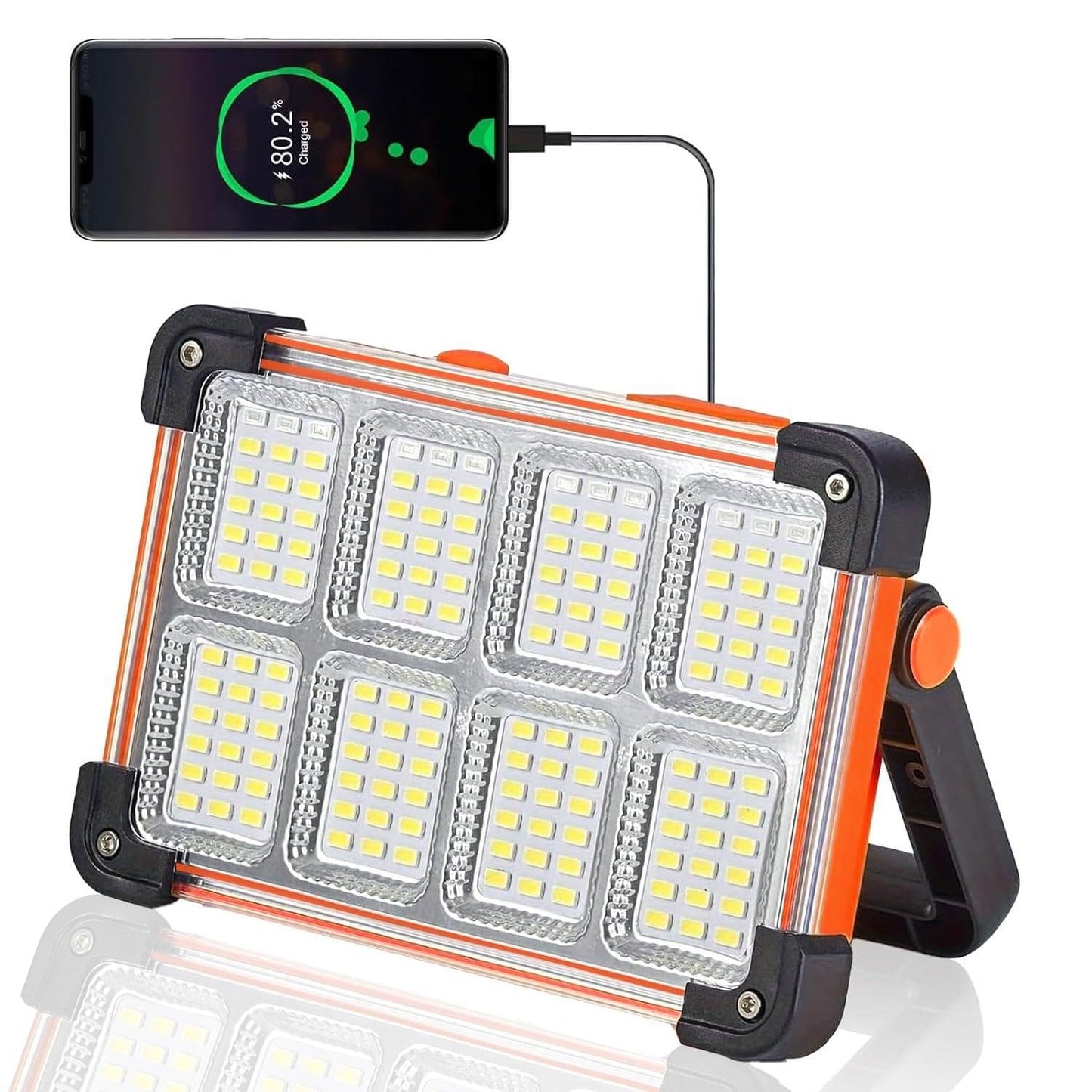 120W Solar Rechargeable Work Light, 144 LED 10000LM Portable Flood Light with Stand, IP66 Waterproof 4 Modes LED Job Site for Mechanic Camping Fishing Car Repair (Orange 1 Pack)