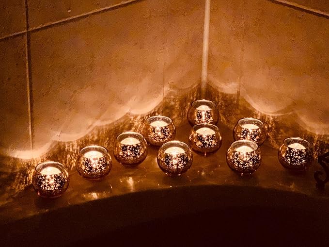 Volens Round Gold Votive Candle Holders, Mercury Glass Candle Holder Set of 12, Christmas Decorations for Table