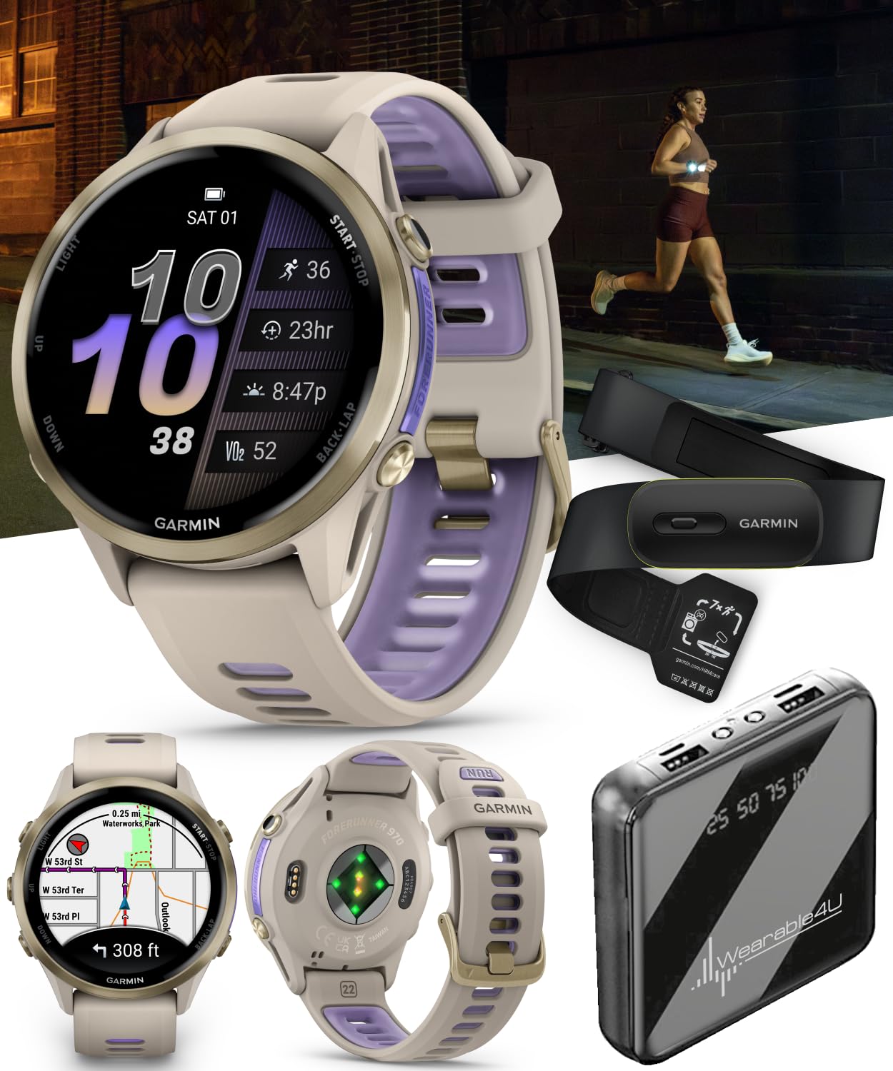Wearable4U Garmin Forerunner 970 Soft Gold Titanium Smartwatch With French Gray Case And French Gray/Translucent Indigo Band, Am