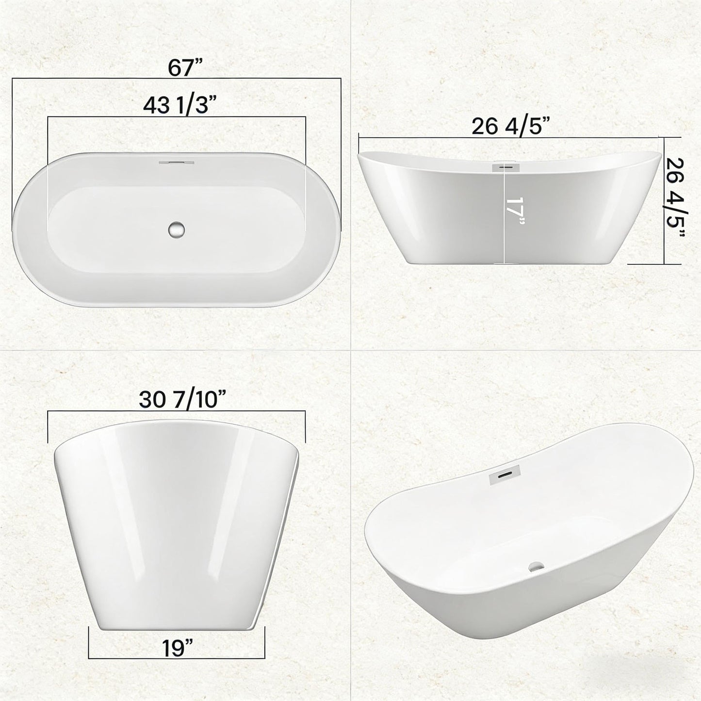 67'' Freestanding Bathtub, Acrylic, Deep Soaking Tub with Non-Slip Surface, Modern Free Standing Bath Tub, Chrome Drain, cUPC Certified, Easy Install, Space-Saving Bathtub for Bathrooms, White