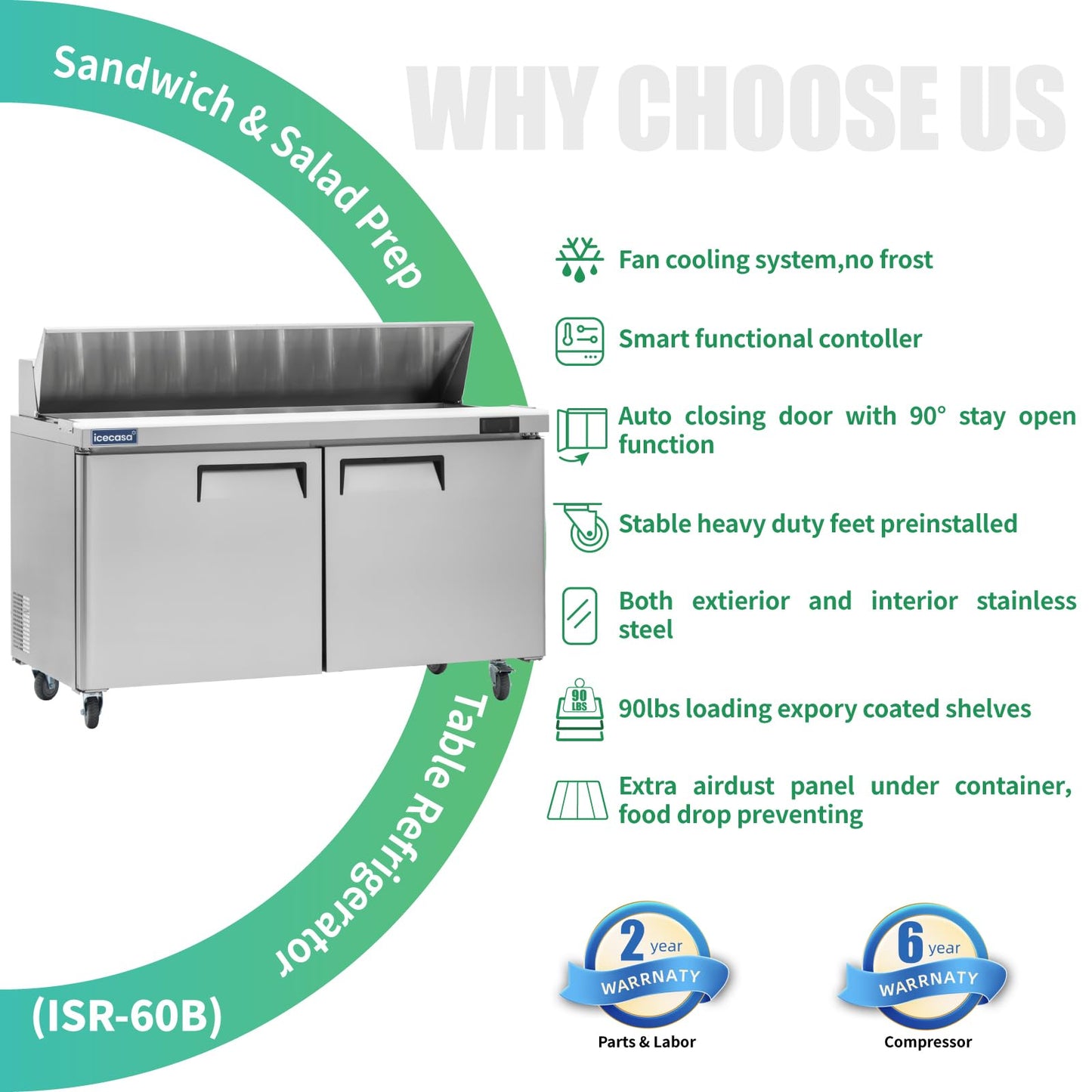 ICECASA 60" W Commercial Refrigerator Sandwich&Salad Prep Table single Door Stainless Steel Counter Fan Cooling Refrigerator with 16 pans-60 Inches for Restaurant, Bar, Shop, etc
