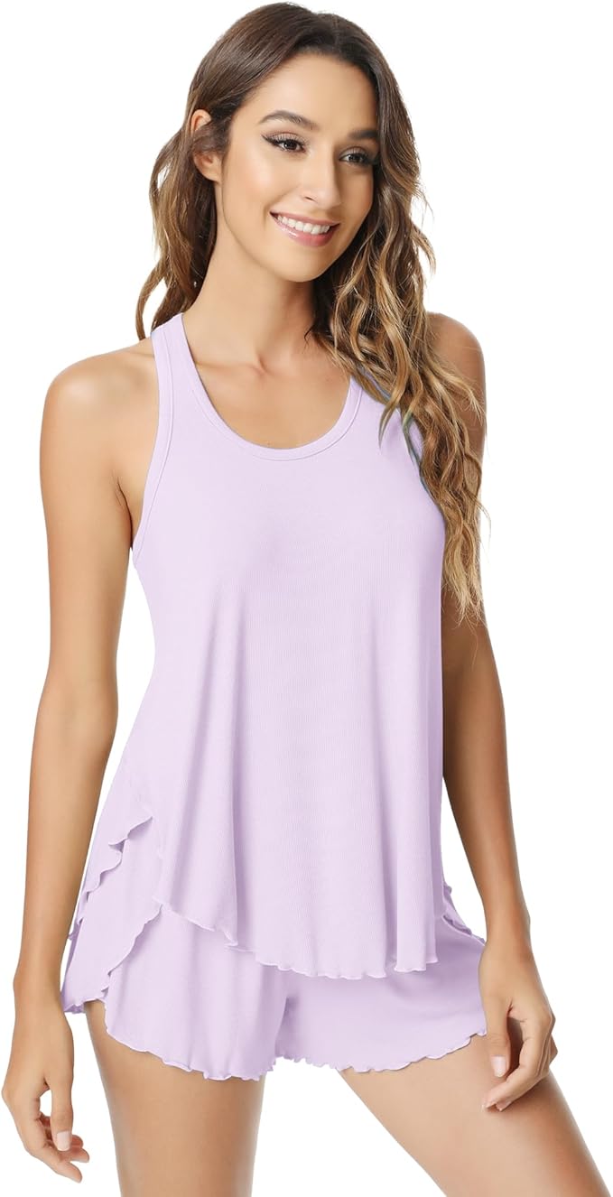 NACHILA Pajamas for Women-Viscose from Bamboo, Ribbed Racerback Tank Top Sexy Split Shorts Pajama Sets Cooling Sleep Cami Pjs