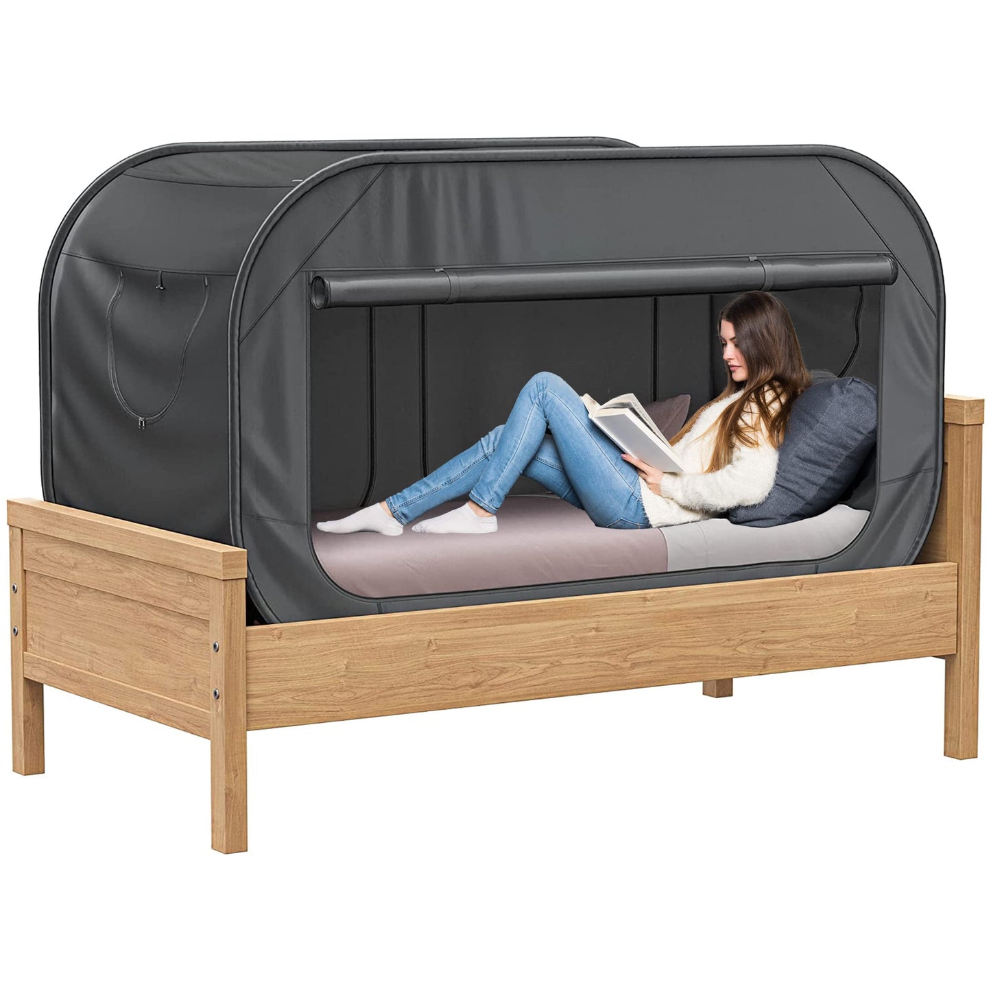 TidyFriend Twin Bed Tent, Pop-Up Privacy Canopy & Tent Beds for Kids and Adults – Cozy, Light Blocking, Breathable Pongee Fabric for Sleep, Play, or Study, Collapsible Design (Black)