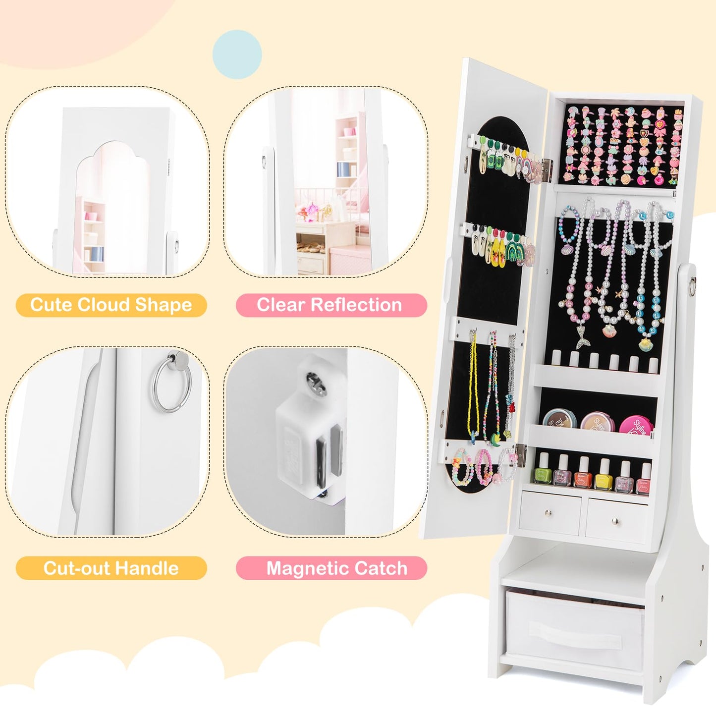 CHEFJOY Kids Jewelry Armoire Cabinet, Children Dressing Organizer with Mirror Full-Length & 3 Storage Drawers, Free Standing Princess Make Up Vanity for Girls Room, Bedroom (White)