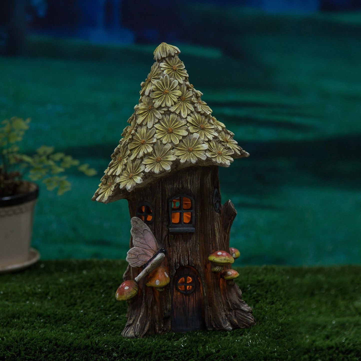 Resin Fairy House Statue Garden Flower Solar Powered Garden Statue Fairy House for Outdoor Decor,Yellow Wild Chrysanthemum