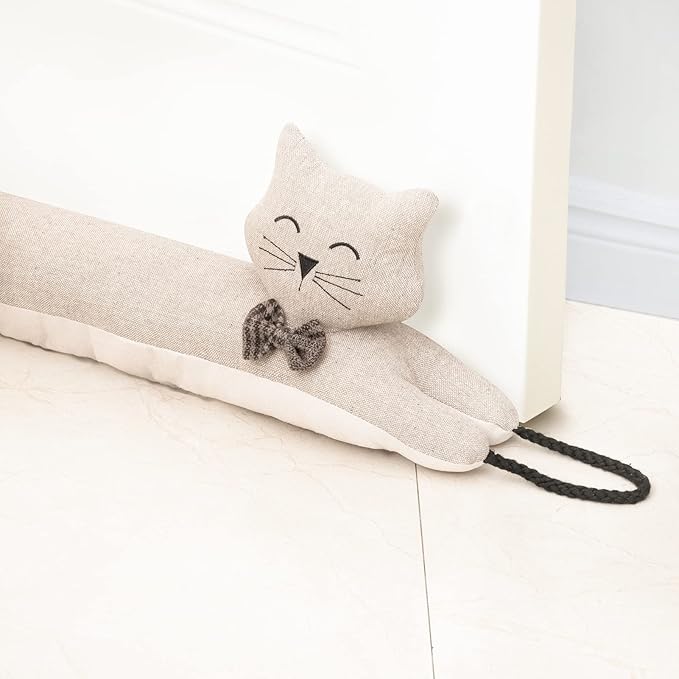 Marwood Under Door Draft Stopper Decorative Wind Stopper 38 inch for Door & Window, Weighted Animal Air Draft Stopper Snake Noise Blocker for Bottom of Door with Hanging Loops - Khaki Cat