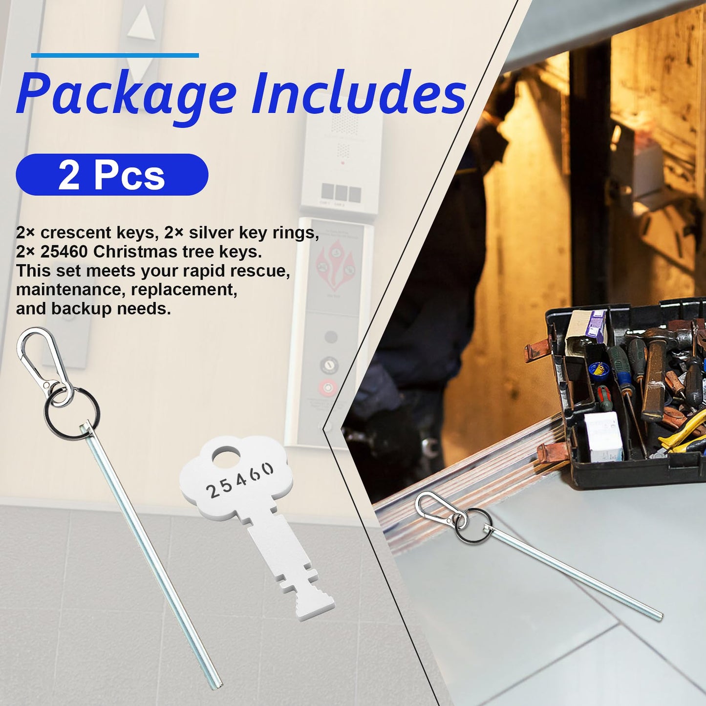 Half-Moon Elevator Door Key + 25460 Fire Alarm Key Set, Rapid Rescue & Maintenance Tool Kit, Fire Rescue & Emergency Door Breaching Keys, Firefighter-Specific Tools, Silver, Portable & Durable, 2-Pack