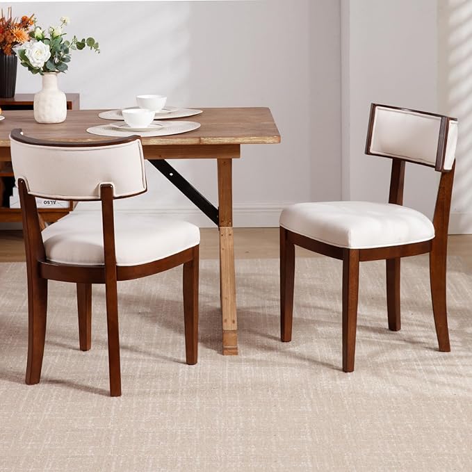 DM Furniture Dining Chairs Set of 4 Linen Fabric Upholstered Dining Room Chairs with Curved Backrest Mid Century Modern Farmhouse Kitchen Chair Solid Wood Side Chairs for Living Room/Restaurant