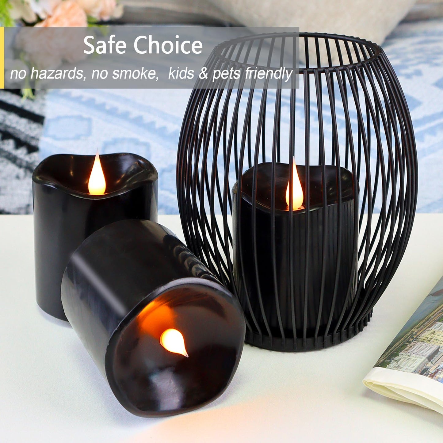 TECHLONG Black Flameless LED Candles, Halloween Candles Battery Operated with Remote Timer, 3D Moving Flame Flickering Last 600+ Hours, 3" x 3" Real Wax Electric Candle for Gothic Home Decor