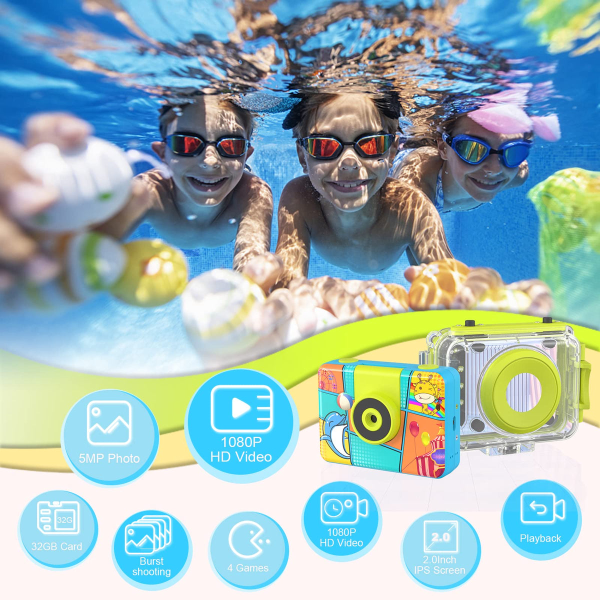 Kids Digital Camera Waterproof,CHAKEYAKE 1080P Video Kids Underwater Selfie Camera,Children Sports Camera for Birthday Gifts Toys for Boys Age 3-12