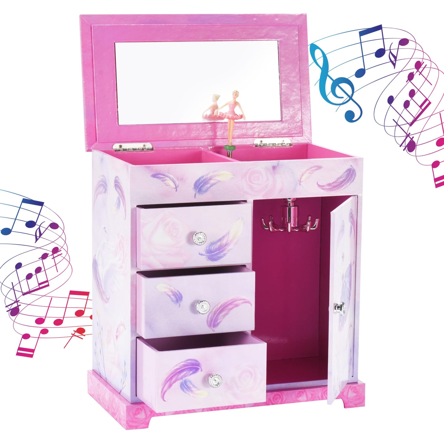 Jewelkeeper Pink and Purple Ballerina 3 Drawers Jewelry Box for Girls - Little Girl's Wooden Jewelry Box with Necklace Carousel - for Kids or Teen Necklaces and Accessories