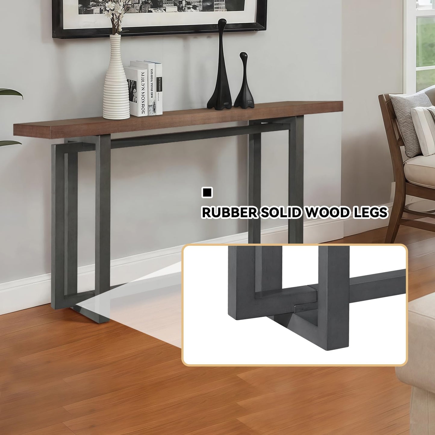 SZTHHDF 59.05'' Sofa Table for Living Room, Morden Console Table, Narrow Rectangle Solid Wood Entryway Table with Rubber Wood Legs for Hallway Kitchen Foyer (Brown+Grey)