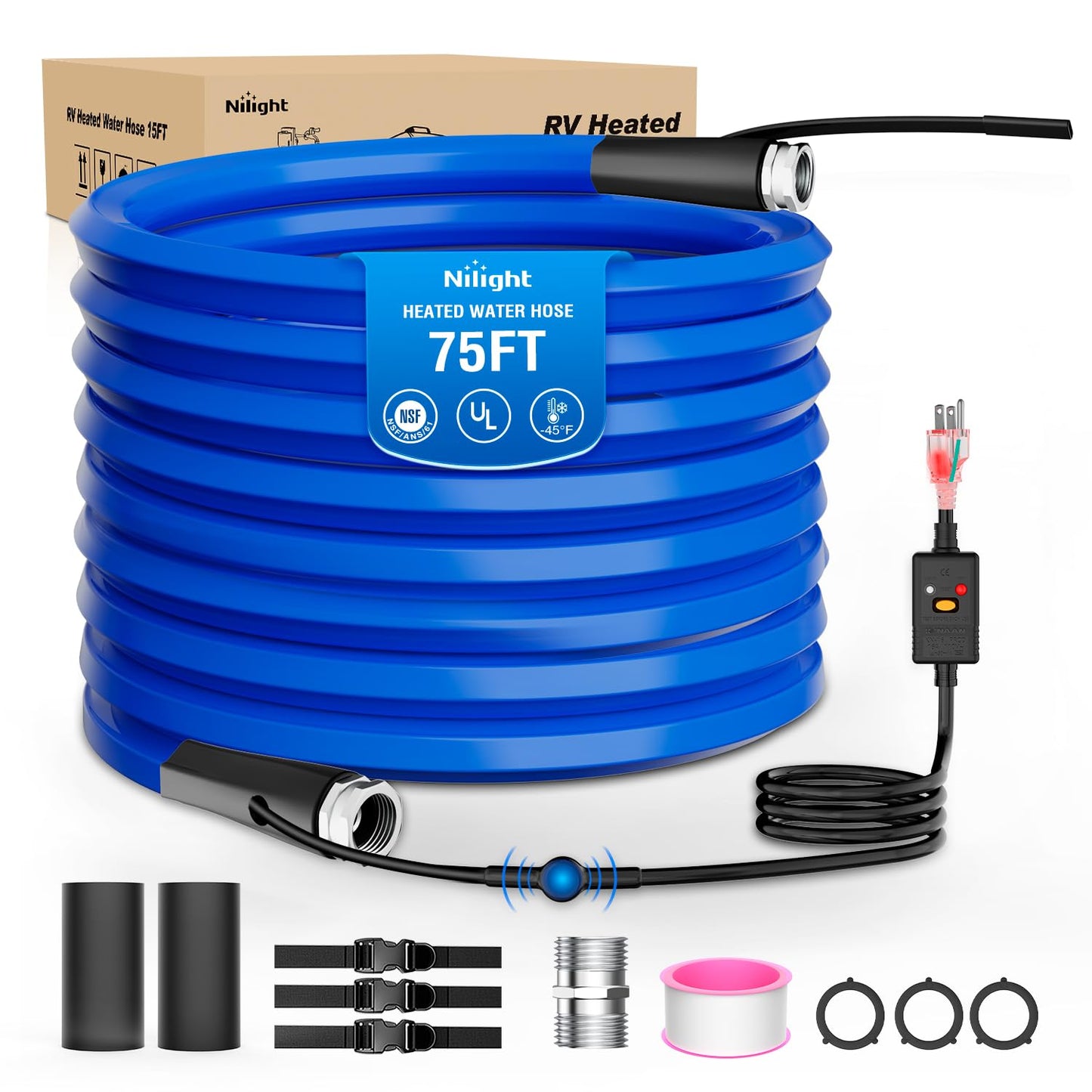 Nilight 75FT Heated Water Hose RV 5/8”Inside Diameter -45°F Freeze Protaction Antifreeze Garden Drinking Hoses with Saving Thermostat and Smart Heat System for Winter Camper Supply Accessories