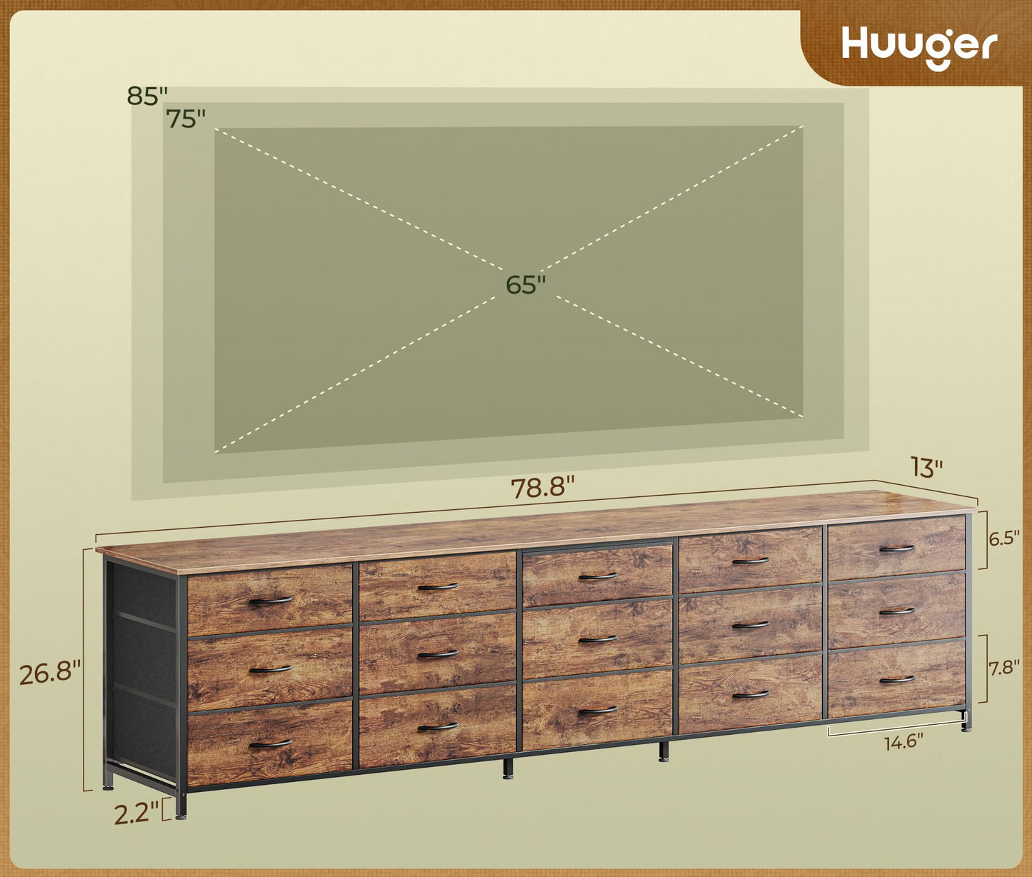Huuger 78.7 inch Long Dresser for Bedroom, 15 Drawer Fabric Dresser for Closet, Large TV Stand for 65, 75, 85 inch TV, Wide Chest of Drawer with Storage, 78.7" W x 12.9" D x 26.7" H, Rustic Brown