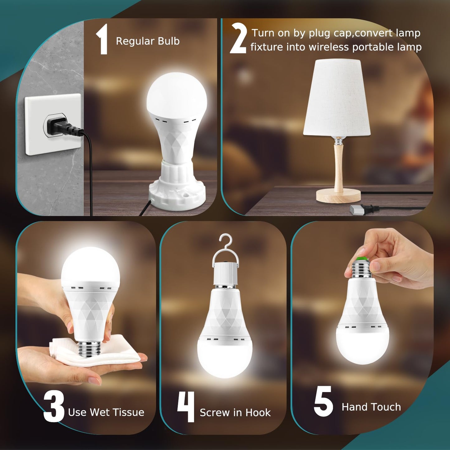 6 Pack Rechargeable Emergency Light Bulbs, Battery Powered LED Light Bulb 6000K Daylight E26 12W 60W Equivalent with 1500mAh for Home Power Outage Camping Hiking(6 Bulbs, 6 Hooks,3 Plug Caps)