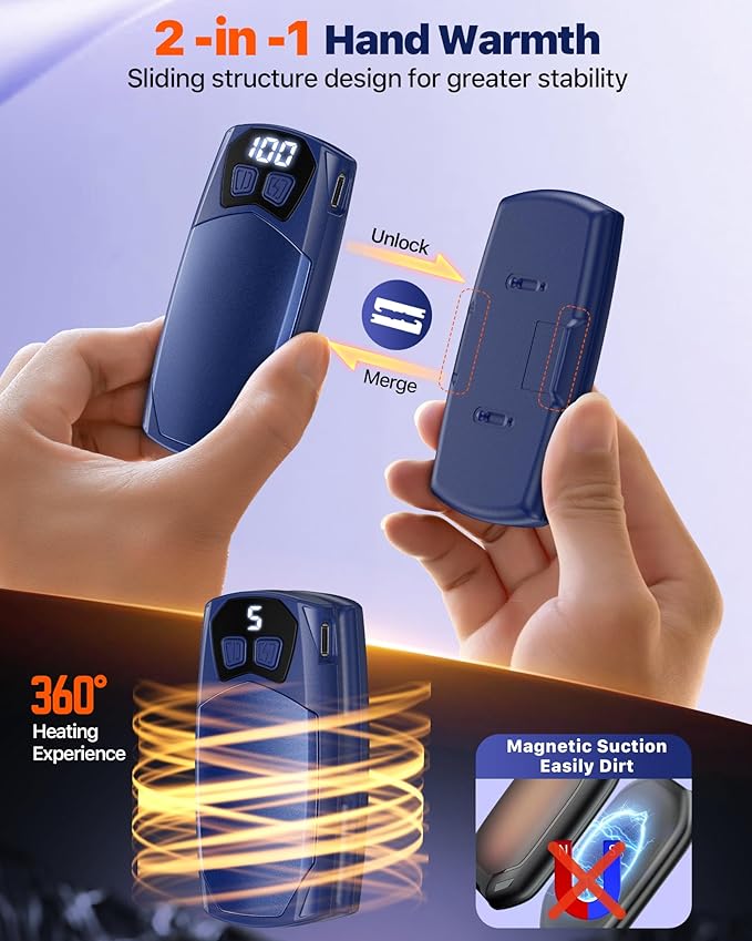 Kesguar Hand Warmers Rechargeable 2 Pack - 6000mAh Electric AI Handwarmers, LED Display & 5-Level Heating, 20Hrs Long Lasting, 2-in-1 Portable Heater, Gifts for Men/Women/Golf/Hunting