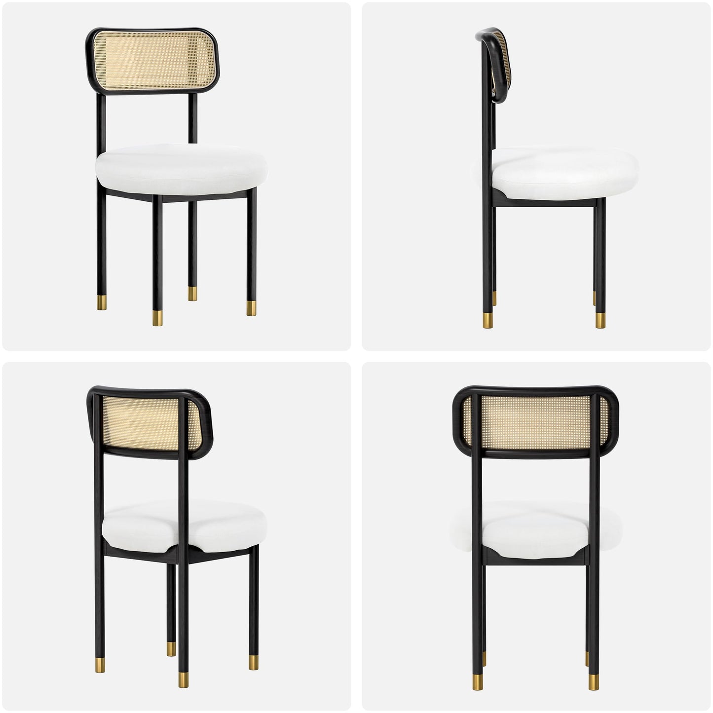 HoeuThien Upholstered Rattan Dining Chairs Set of 4, Mid Century Modern Kitchen Chairs with Curved Back and Solid Wood Legs Armless Accent Chair for Living Room Bedroom Restaurant, Black/White Linen