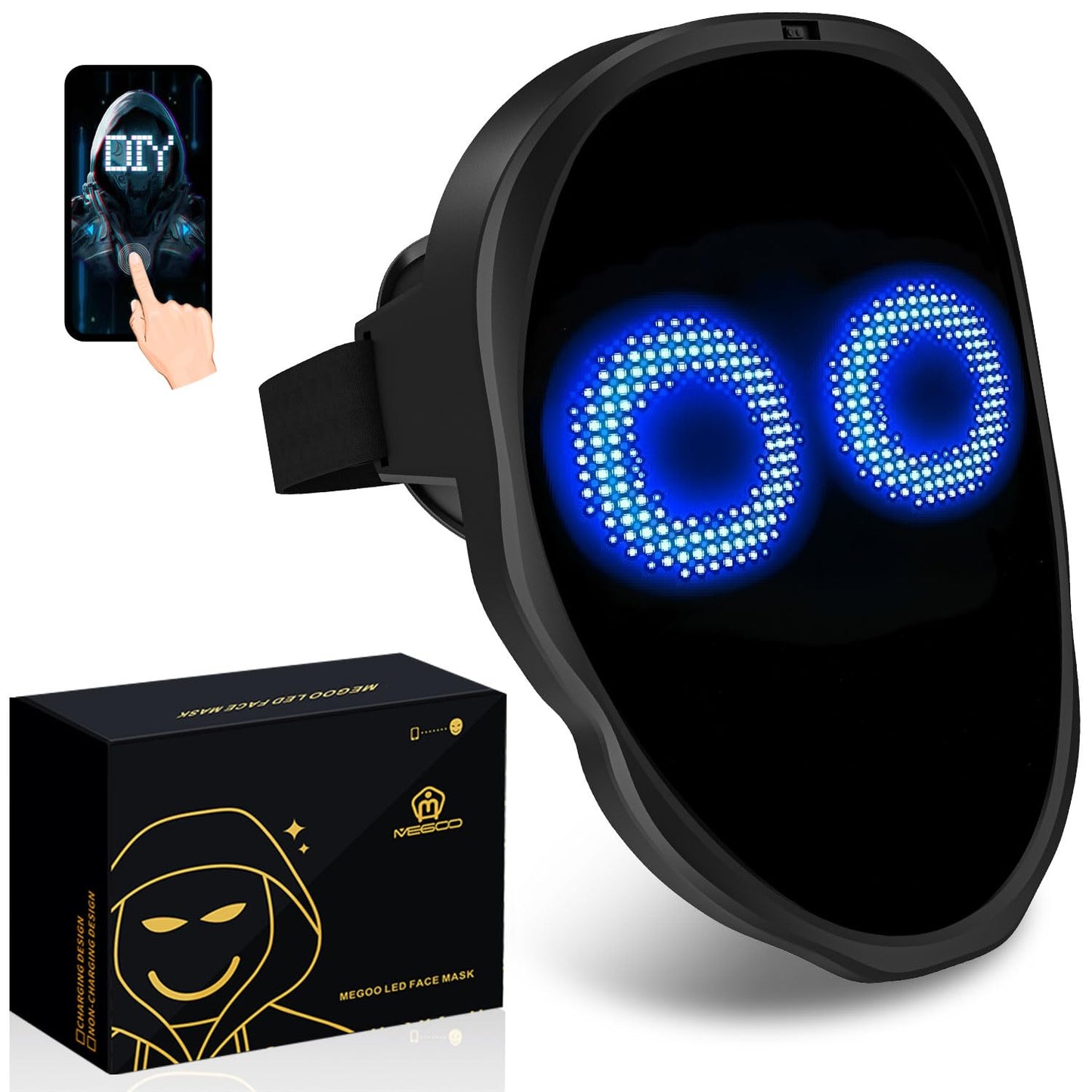 MEGOO Led Mask with Bluetooth Programmable App,Shining Led Light Up Face Mask for Adult Kid Halloween Masquerade Party (Battery)