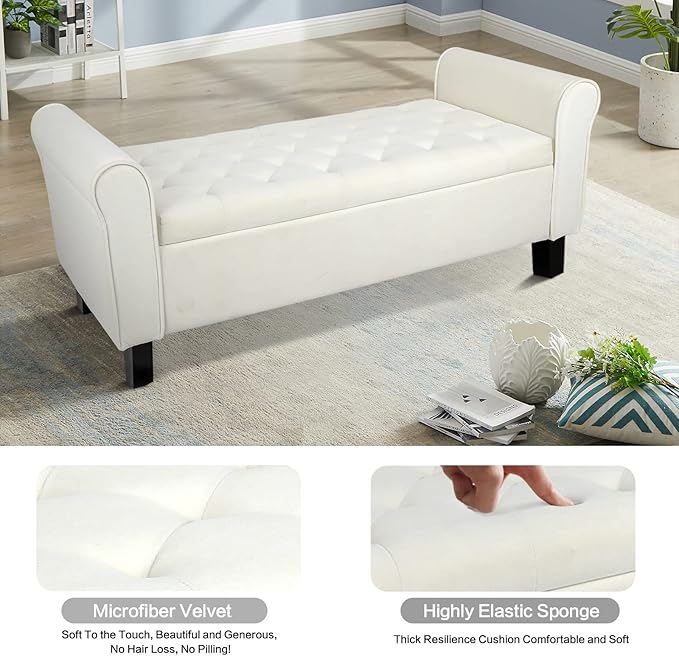 Babion Storage Bench for Bedroom End of Bed, Button Tufted Storage Ottoman Bench 51Inch, End of Bed Storage Bench with Upholstered, Rolled Arm Window Bench Seat with Solid Wood Legs, Beige