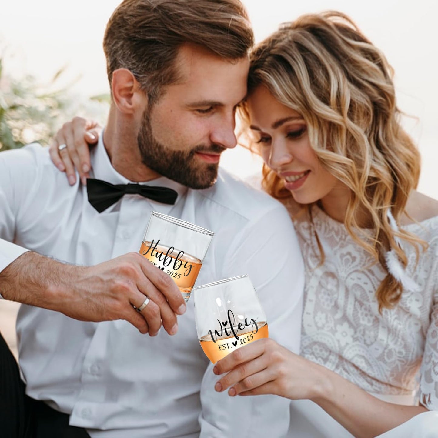 Jacriah Wedding Gifts for Couples - Hubby & Wifey EST 2025 Wine and Whiskey Glass Set - Engagement, Bridal Shower Gift for Newlyweds Mr. Mrs.