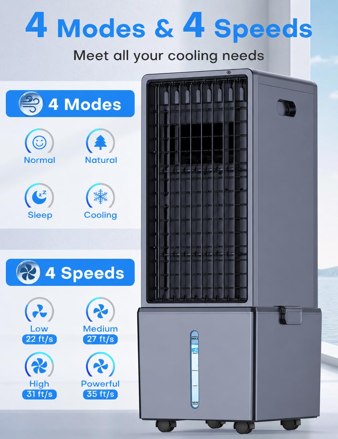 COOLECH 4-IN-1 Windowless Air Conditioner w/ 3.2-Gal Tank for 30H Cooling, 4 Wind Speeds & 4 Modes, Waterless Alert System, LED Touch Screen & Remote, 12H Timer, Swamp Cooler Air Conditioner for Room