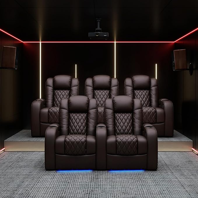Weilianda Home Theater Seating Top Grain Leather Zero Gravity Recliner Chair Power Headrest Recline Movie Seat Gaming 7 Colors Mood Light Sofa with Tray Table USB Charge Row of 2 Loveseat Brown