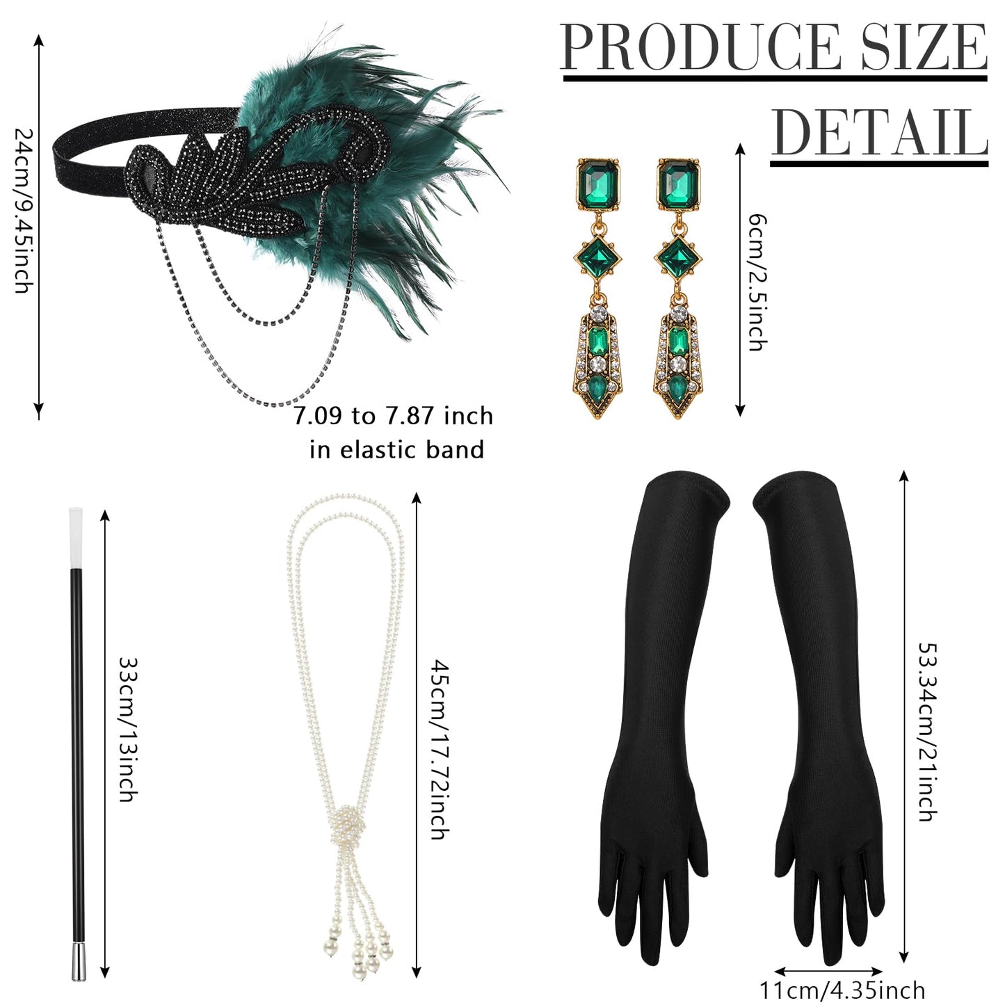 Tisancy 7 Pcs 1920s Women's Flapper Dress Sequin Dress Costume Headwear Earring Necklace Glove Stick Set and Long Feather Boa (Malachite Green,Large)