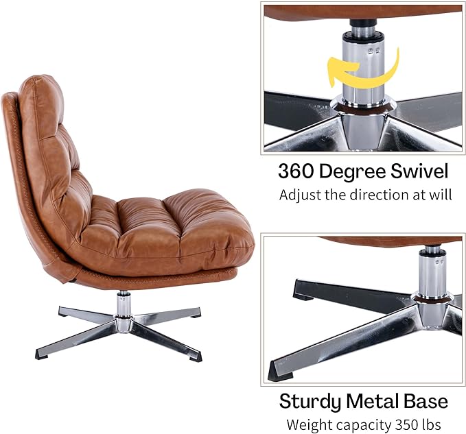 BESTANO Swivel Accent Chair with Ottoman, Mid Century Modern Faux Leather Lounge Chair with footrest, Comfy Oversized Armchair with 360 Degree Metal Base for Living Room/Bedroom, Brown