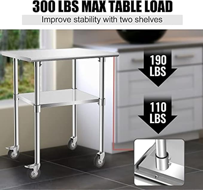 Stainless Steel Table - Metal Table Cart - Commercial Workbench with Caster Wheel - NSF Certified - for Restaurant, Warehouse, Home, Kitchen, Garage,30''x24''
