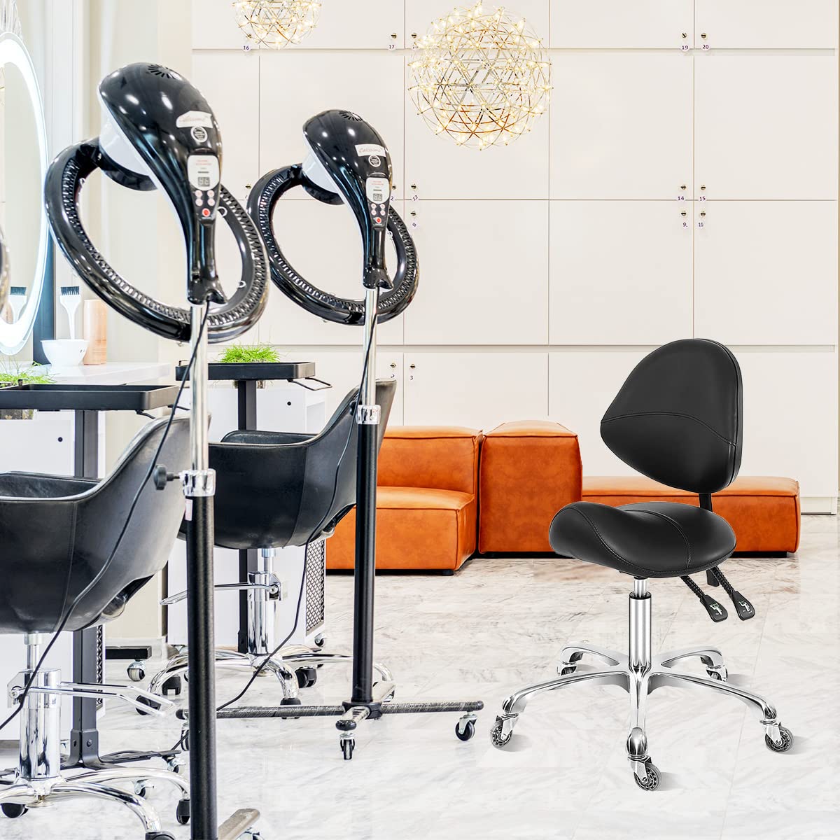 Saddle Stool Dental Hygienist Chair with Back Support, Rolling Esthetician Saddle Stool for Lash Salon Tattoo Shop Spa Dentist Clinic, Black, Adjustable Height 20-28 Inches, 100% Molded Foam Seat