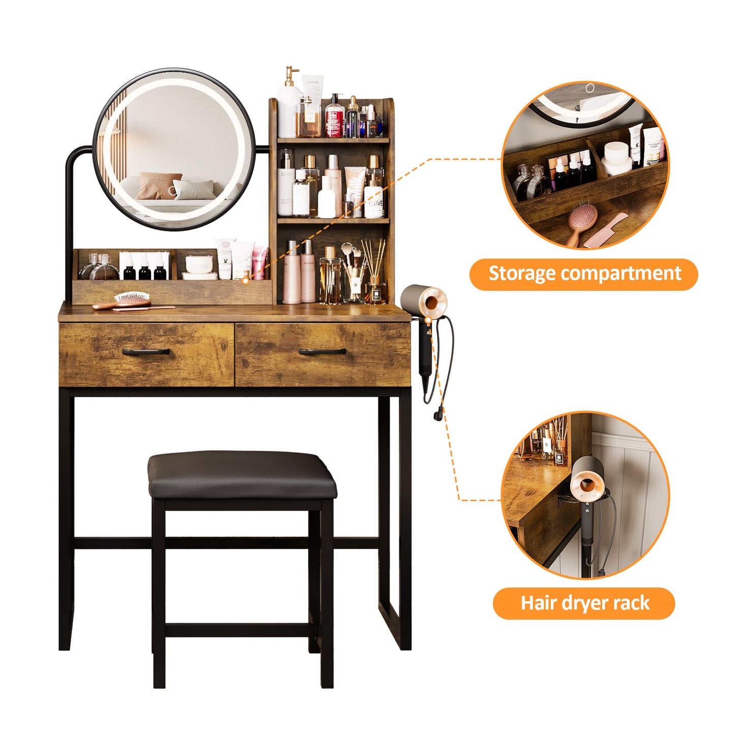 Makeup Vanity Desk with Round Mirror and Lights, White Vanity Makeup Table with 2 Drawers, Small Vanity Table for Bedroom with Lots Storage (Brown and Black, 15.75 * 31.5 * 53.6in)