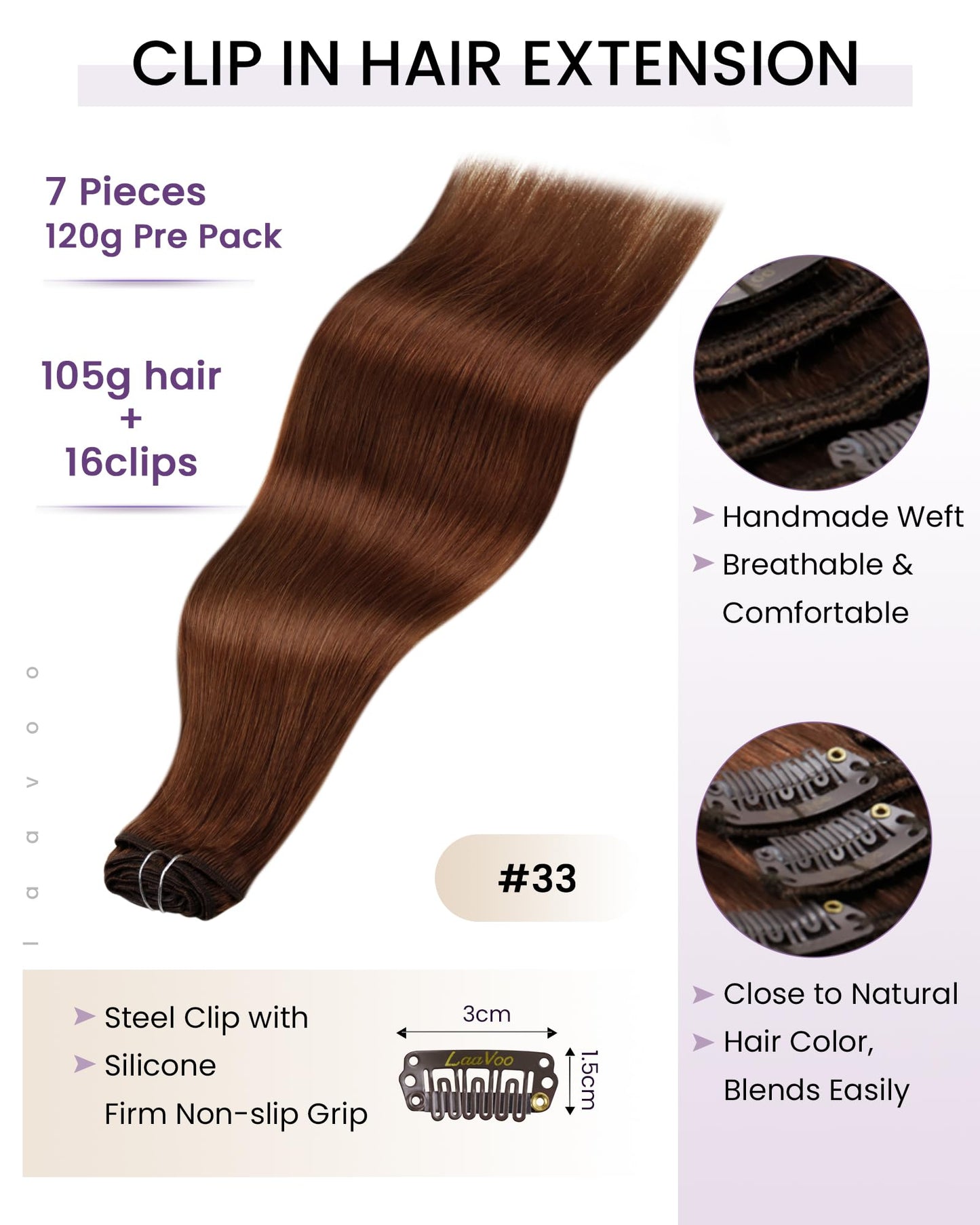 LaaVoo Clip in Hair Extensions Real Human Hair Auburn Brown Clip in Human Hair Extensions 16 Inch Auburn Human Hair Clip in Exte