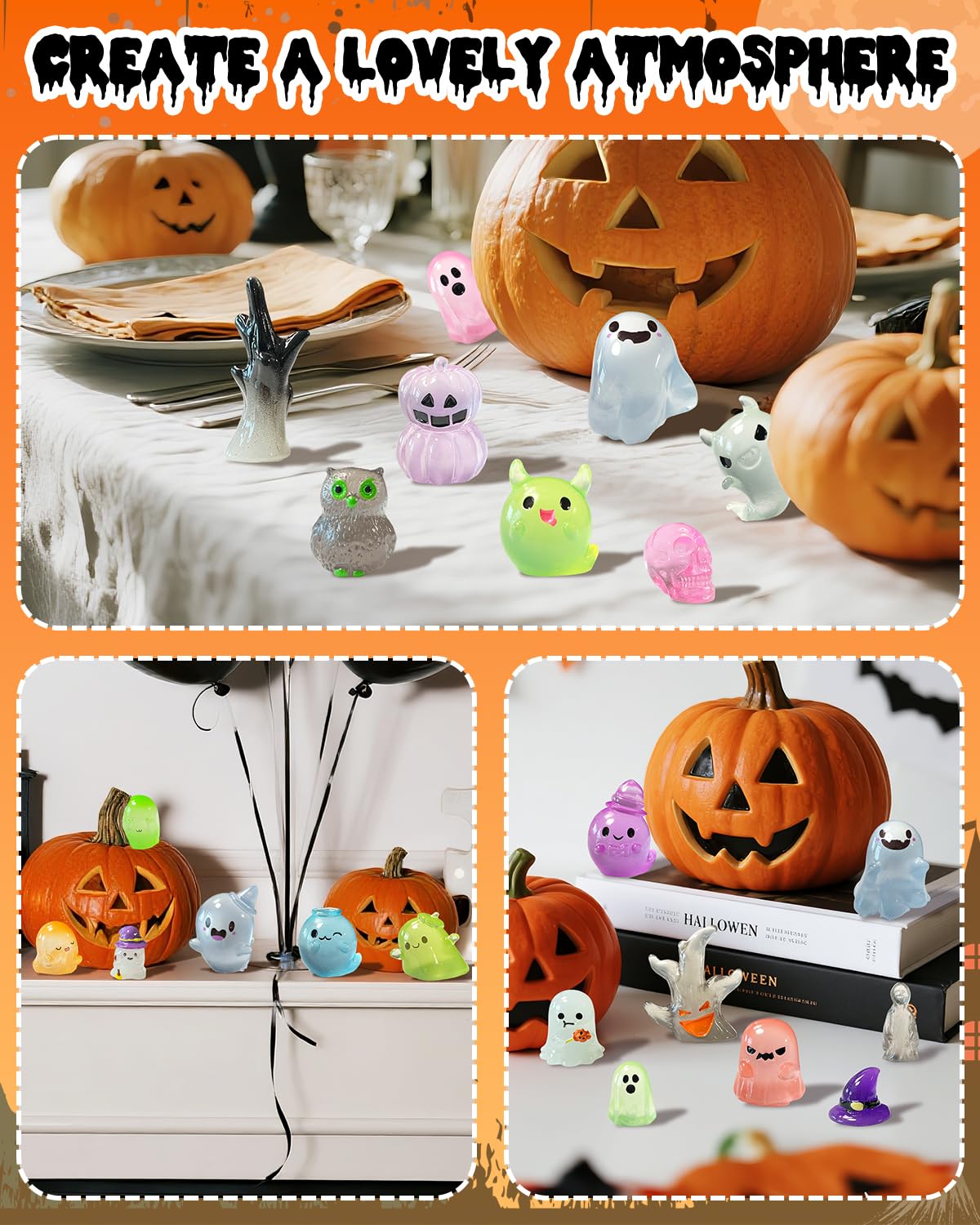Piemow 72 Pcs Halloween Mini Resin Animals Figures Kit - Luminous Tiny Resin Figurines Accessories, Glow in The Dark Miniature Ghost Figurines for Halloween Party, Micro Landscape, Tabletop Decor