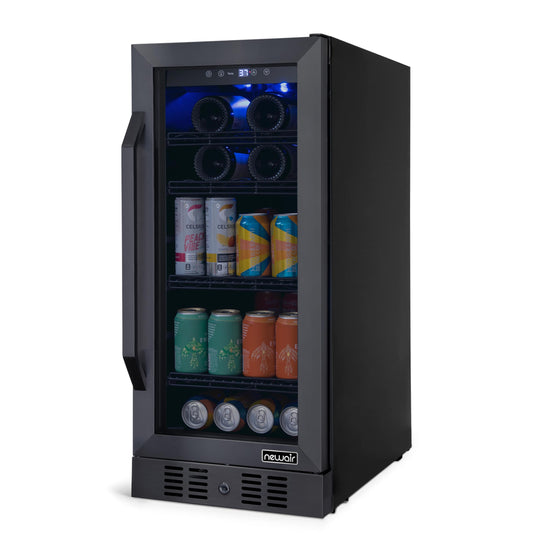 NewAir 15" Single Zone Beverage & Wine Fridge | Beverage & Wine Refrigerator for 33 Bottles / 80 Cans | Freestanding or Built-In Under Counter Mini Fridge for Beer, Wine & Soda | Black Stainless Steel