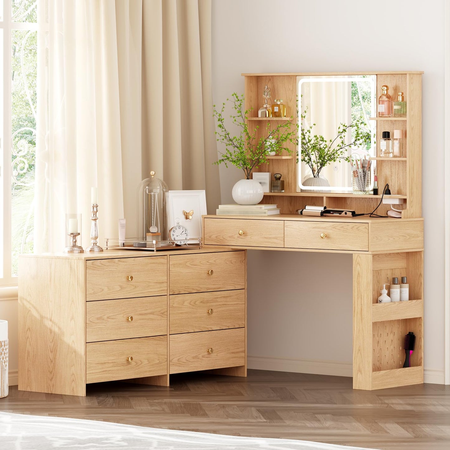 Ieejdn Large Makeup Vanity Desk with Mirror and Lights, Vanity Desk with 8 Drawers & Storage Shelves, Vanity Table with Power Outlet, 3 Color Modes & Adjustable Brightness Dressing Table, Bedroom,Oak