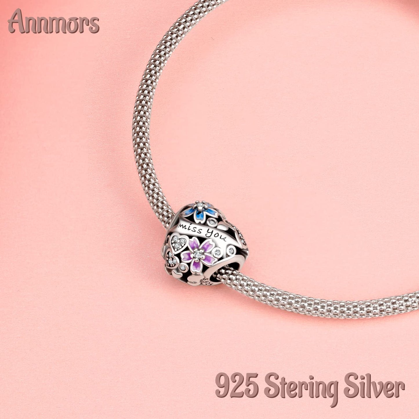 Annmors 925 Sterling Silver Charms fit Bracelets Necklaces Flowers Heart Miss You Beads with 5A Cubic Zirconia Christmas Valenti