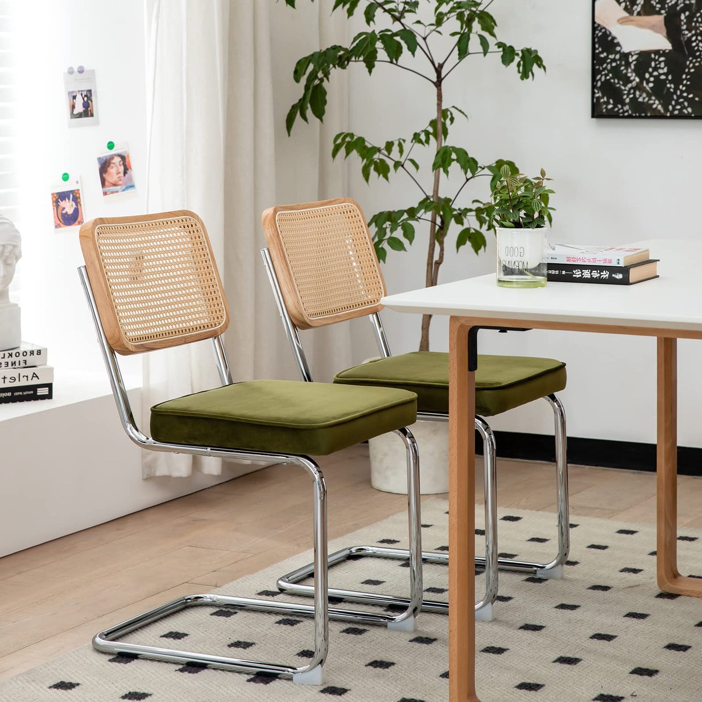 HAZO Rattan Dining Chairs Set of 2,Green Velvet Accent Chairs with Woven Cane Back & Stainless Chrome Base, Modern Mid Century Designed Chairs, Upholstered Dining Room Kitchen Chairs(Green Velvet)