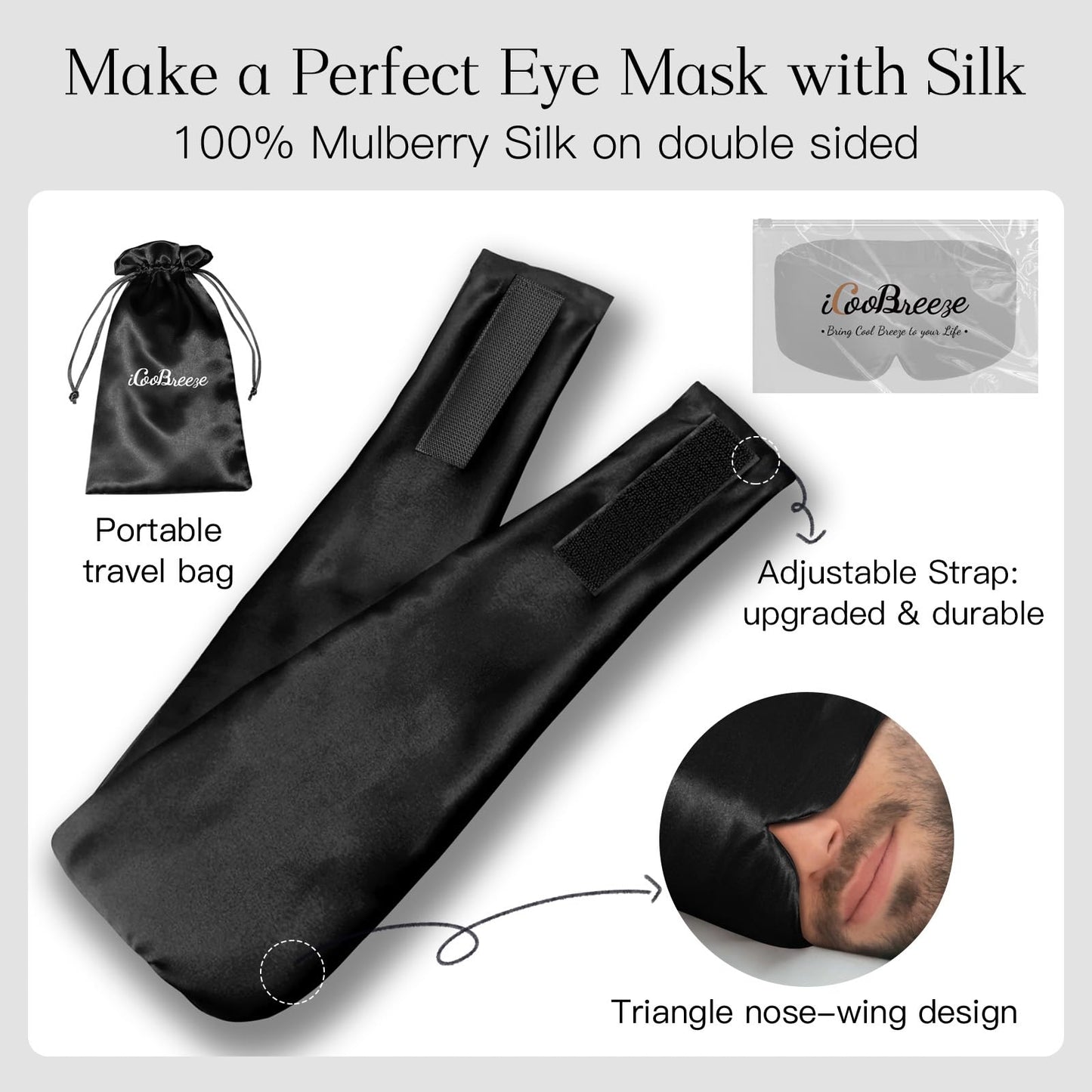 iCooBreeze 100% Natural Silk Eye Mask for Women Men, Soft Pressureless Cooling Blackout Eye Covers for Sleeping, Large Size Sleep Mask fits All Heads Adjustable, 1PC, Black