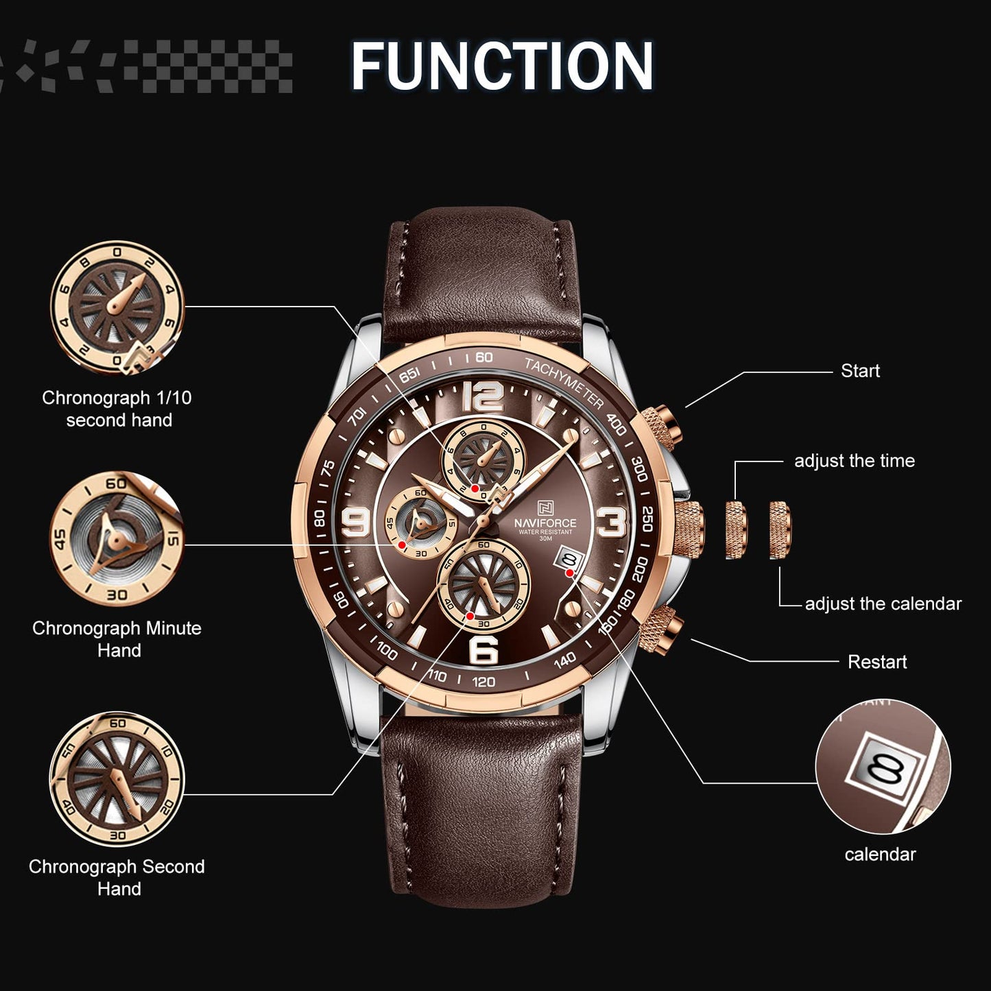 NAVIFORCE Sport Watches for Men Analog Quartz Chronograph Leather Strap Wrist Watch