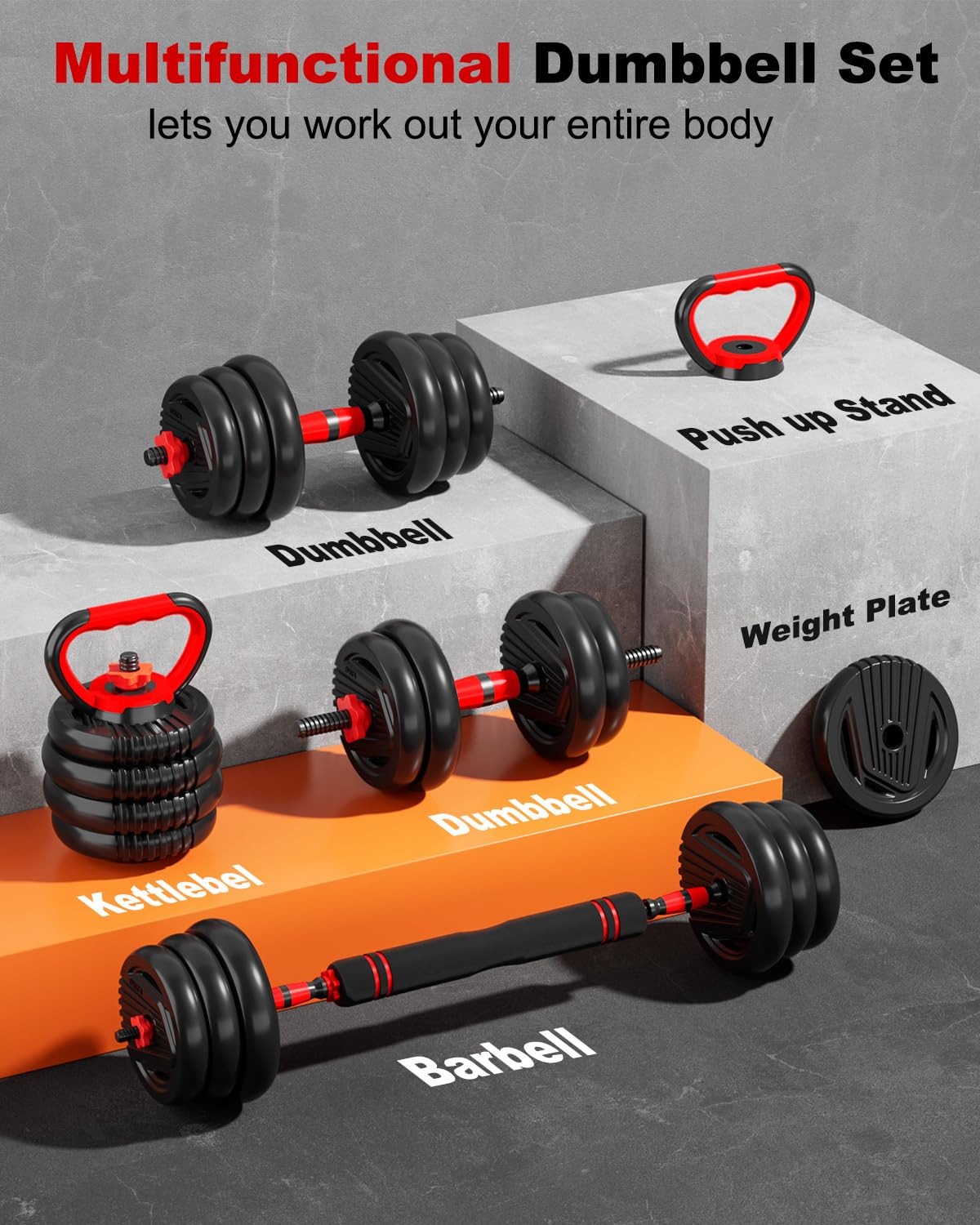 UNNMIIY Adjustable Dumbbells, 20/30/45/70/90lbs Free Weight Set with Connector,5 in1 Dumbbells Set Used as Barbell, Kettlebells, Push up Stand, Fitness Exercises for Home Gym Suitable Men/Women