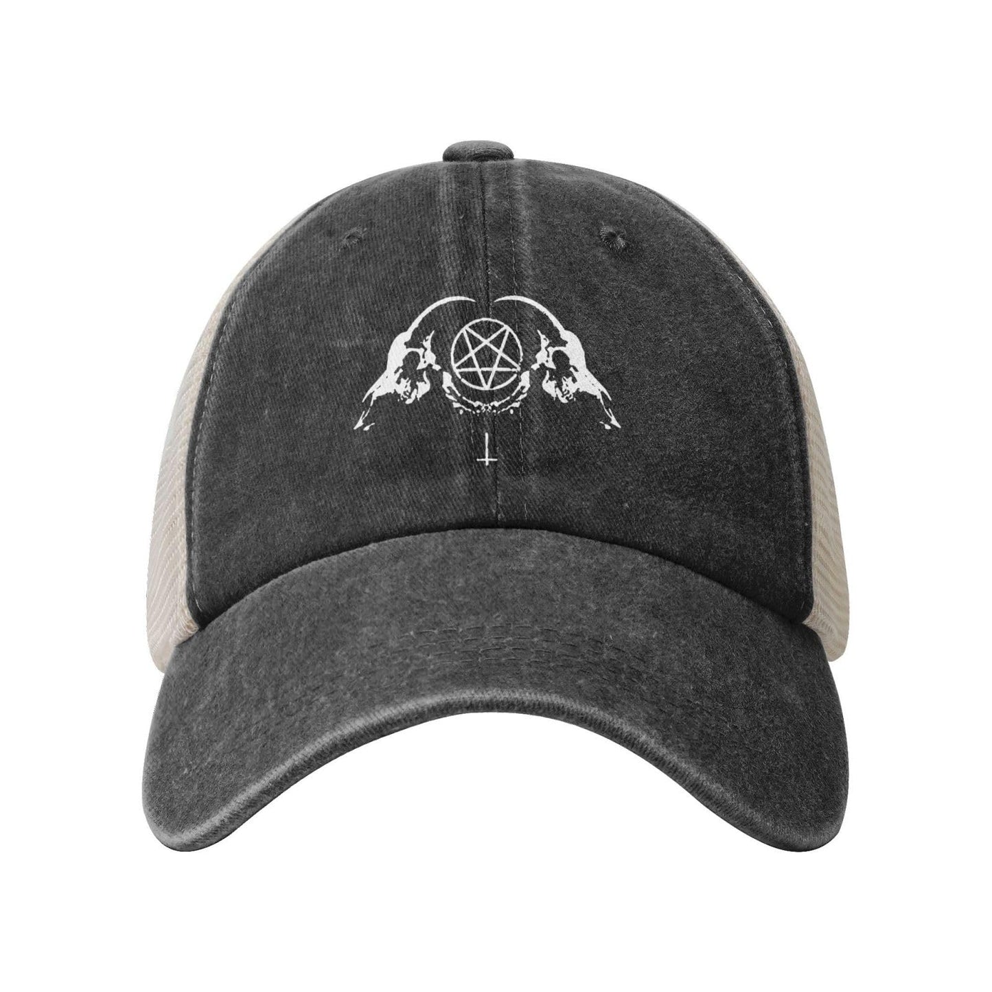 KLIUXBF Demon Baphomet Satanic Hat Mesh Baseball Cap Men Women Vintage Washed Distressed Trucker Hat Black