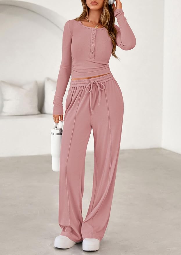 PRETTYGARDEN Women's 2026 Fall Trendy 2 Piece Outfits Lounge Sets Long Sleeve Top Henley Shirts Wide Leg Pants Travel Clothes
