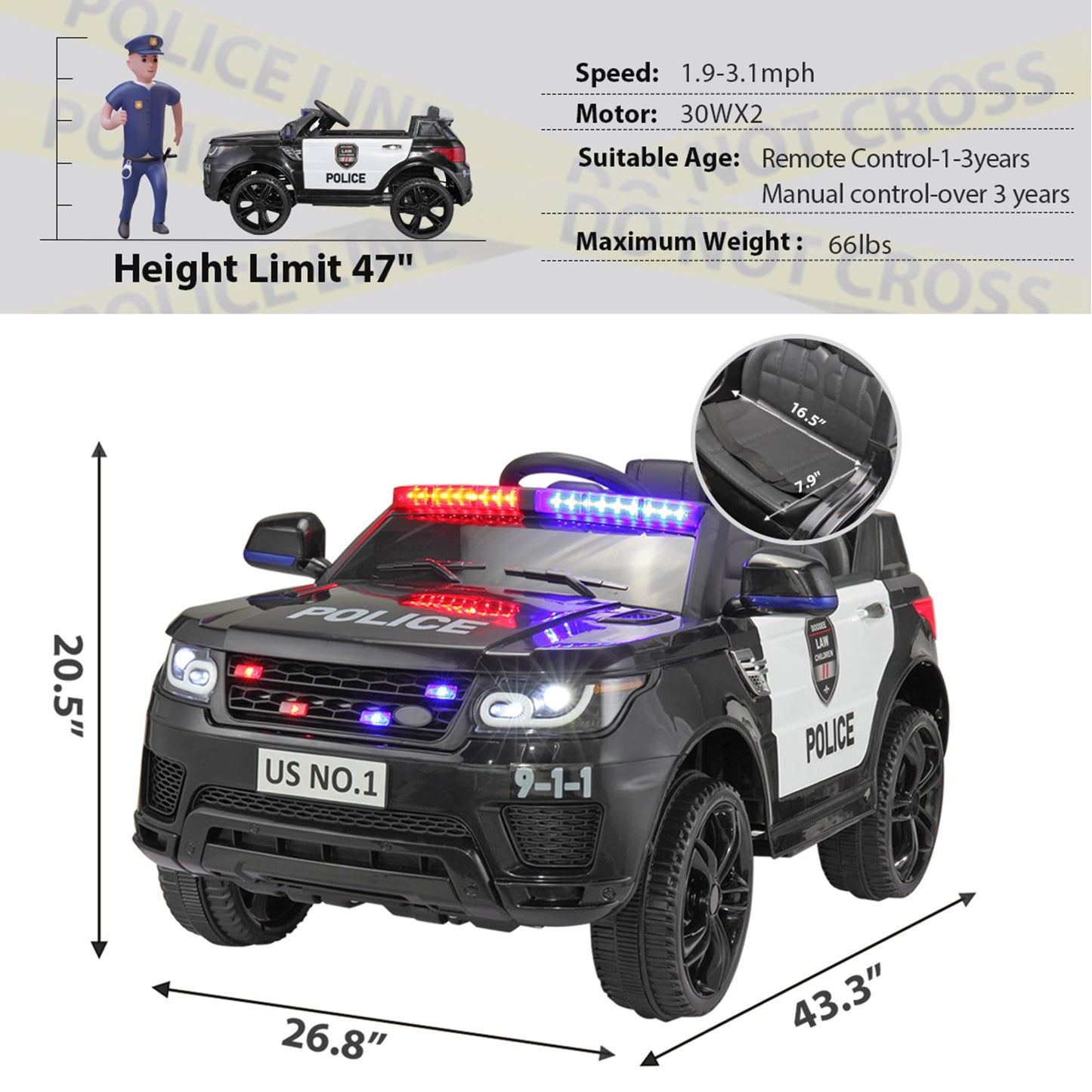 Police Car Ride On TOBBI Kid Car Cop Car for Kids to Drive with Parent Remote 12V Big Police Car Toys for Boys Toddler Electric Police Cars for Kids Ages 3-6 with Lights and Siren, Black