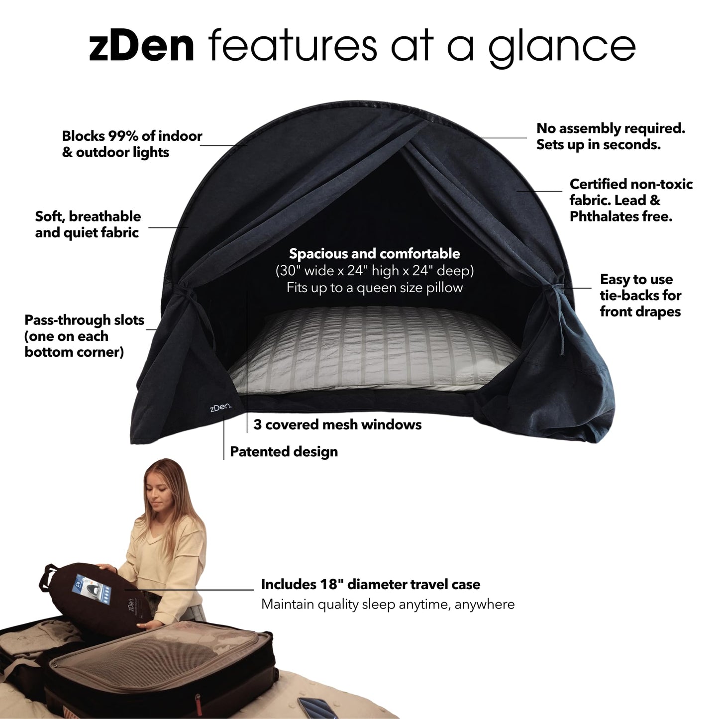 zDen The Original Patented Light-Blocking Luxury Sleep Den Bed Tent: Certified Non-Toxic Blackout Canopy to Improve Sleep Anytime, Anywhere. Perfect for Nightshift, Dorms, Travel, Naps and Relaxation